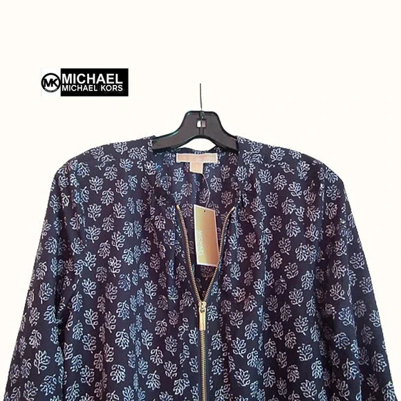 MICHAEL Michael Kors NEW Real Navy Vine-Leaf Zip 3/4 Sleeve Top - Picture 2 of 12